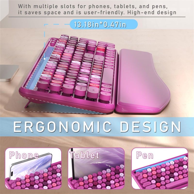 MPTOG Colorful Wireless Computer Keyboard and Mouse Combo with Phone Holder, Wrist Rest, Typewriter Keys, 2.4GHz Wireless, Full-Sized Optical Mouse for PC and Laptop (Rose-Red) - Image 4