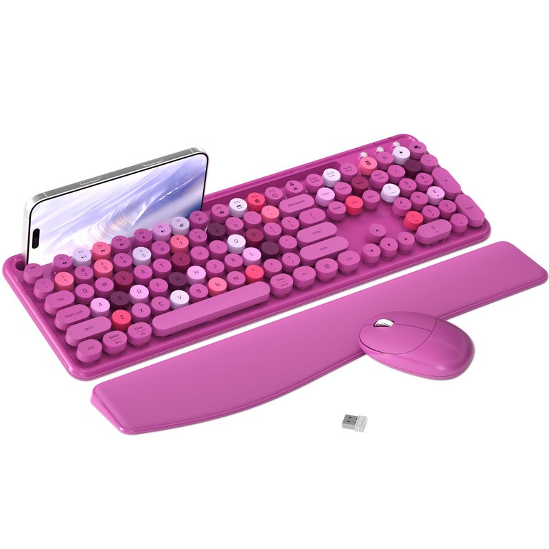 MPTOG Colorful Wireless Computer Keyboard and Mouse Combo with Phone Holder, Wrist Rest, Typewriter Keys, 2.4GHz Wireless, Full-Sized Optical Mouse for PC and Laptop (Rose-Red) - Image 1