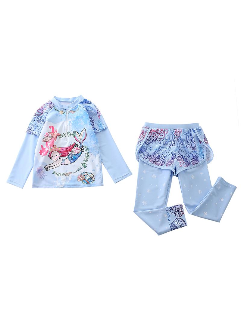 Y&D 2-Piece Long Sleeve Swimsuit Girl Set Mermaid Sun Protection Swimsuit Suitable For Middle-Aged And Young Children'S Swimsuits - Image 1