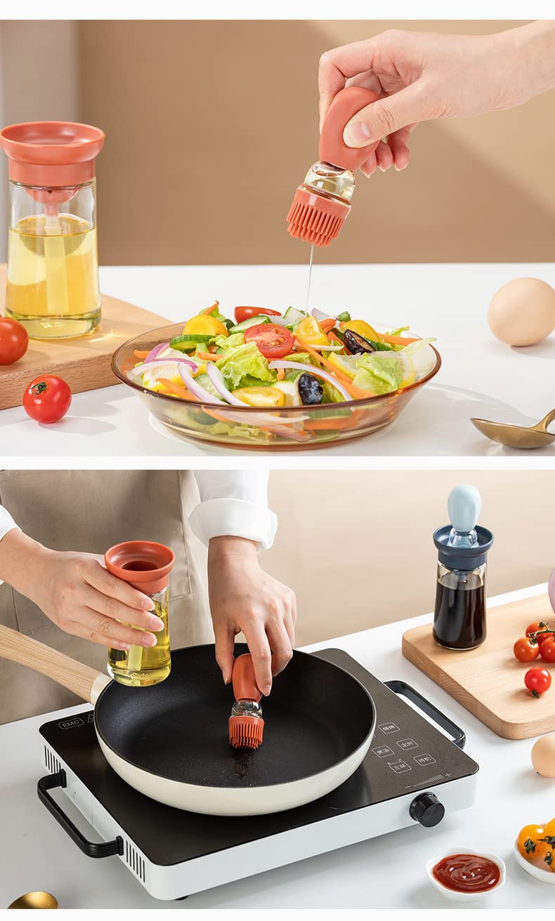 TINMIX Oil Dispenser with Brush - 2 Pack Olive Oil Dispenser, 2 IN 1 Oil Dispensing Bottle with Basting Brush for Cooking Frying Baking Kitchen, T-OB21 Grey+Red - Image 4
