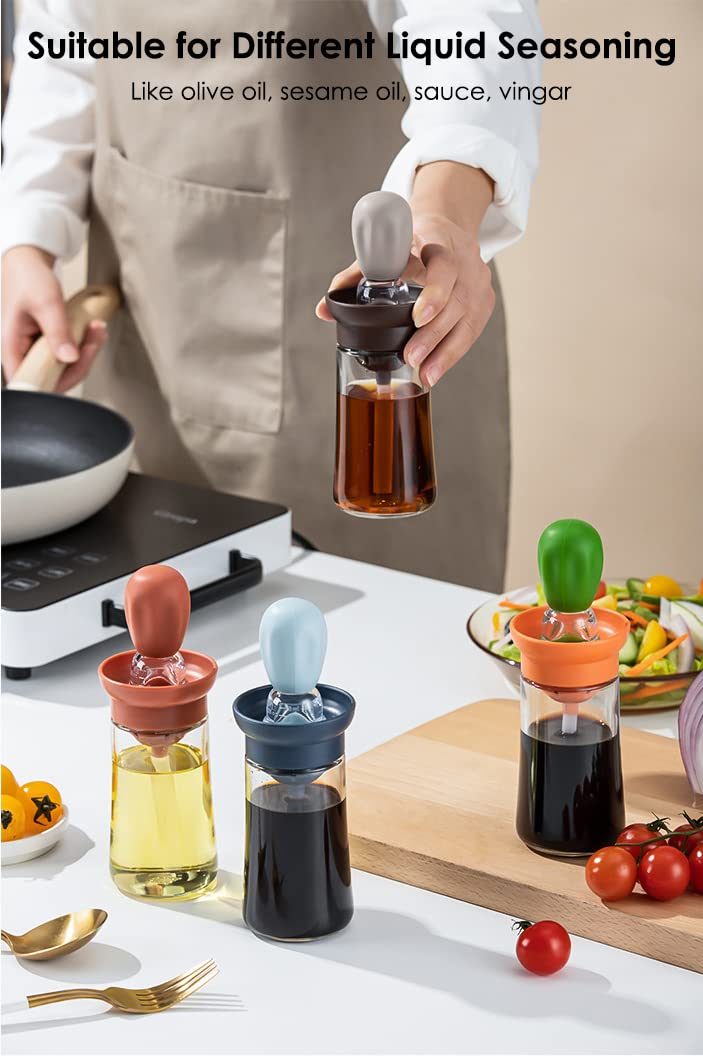 TINMIX Oil Dispenser with Brush - 2 Pack Olive Oil Dispenser, 2 IN 1 Oil Dispensing Bottle with Basting Brush for Cooking Frying Baking Kitchen, T-OB21 Grey+Red - Image 5