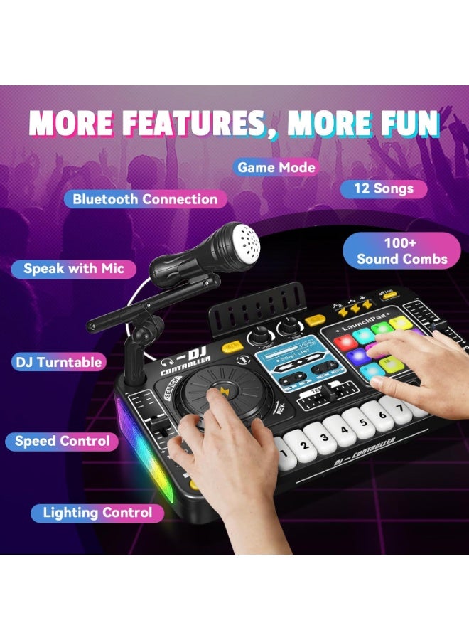 LBMT Kids Music Toys DJ Mixer Table with Piano Keys and Karaok Microphone, DJ Turntable  Light & Speed Control , Reaction Music Games, Bluetooth-Linkable - Kids Musical Instruments,  for Age 3-8 Boys Girls for Birthday,Party Gift- Kid DJ Mixer Set(black) - Image 2