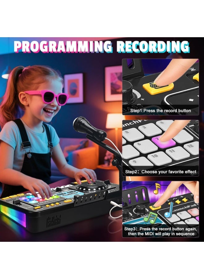 LBMT Kids Music Toys DJ Mixer Table with Piano Keys and Karaok Microphone, DJ Turntable  Light & Speed Control , Reaction Music Games, Bluetooth-Linkable - Kids Musical Instruments,  for Age 3-8 Boys Girls for Birthday,Party Gift- Kid DJ Mixer Set(black) - Image 5