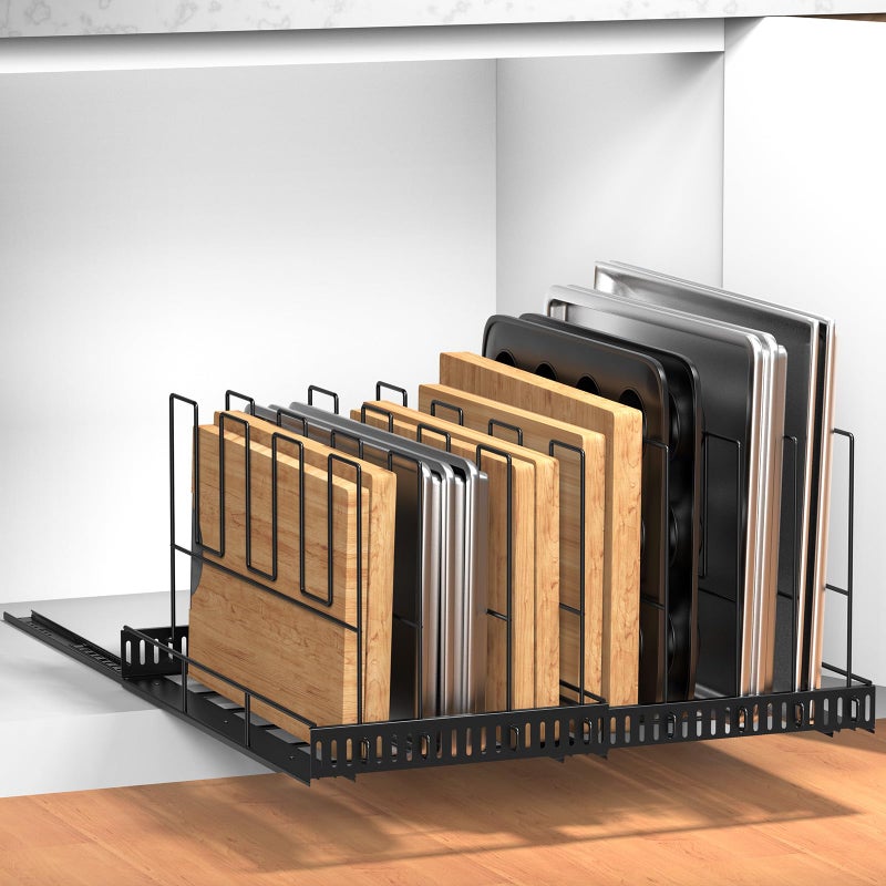 Housolution Pull Out Large Baking Tray and Cookie Sheet Organizer, 13"-22" Width Expandable Cutting Board Holder with 8 Adjustable Dividers, 20" Deep Bakeware Storage Rack for Cabinet, Black - Image 1