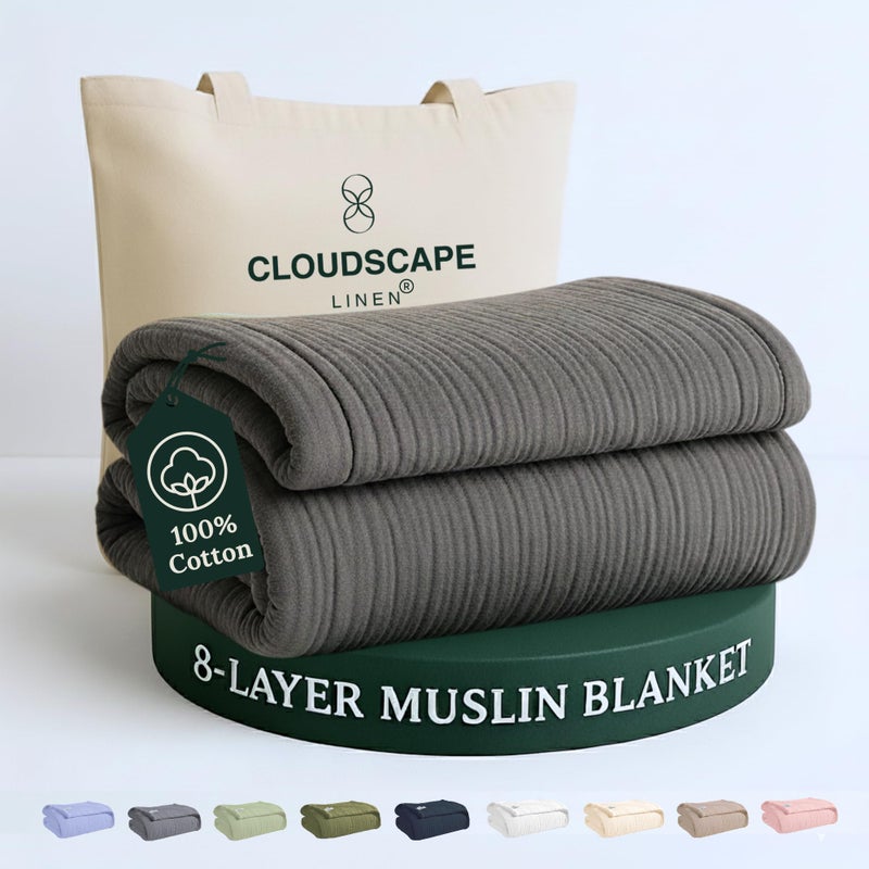Cloud Scape Linen 8Layer Muslin Blanket King Size for Adult  100 Cotton Breathable and Soft Perfect Winter Cozy Blanket Fits up to California King Bed 92x108 Dark Grey