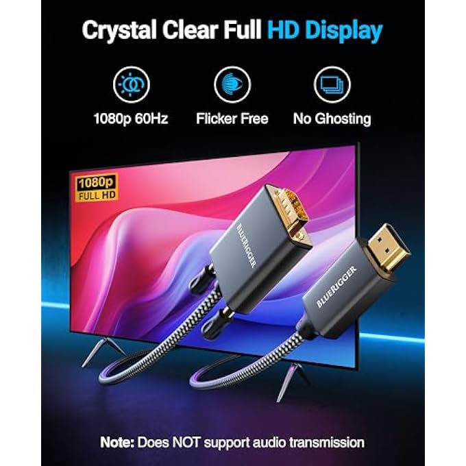 BlueRigger HDMI TO VGA CABLE 10FT (UNIDIRECTIONAL, 1080P, 60HZ, HDMI ADAPTER FOR MONITOR, MALE TO MALE, HDMI SOURCE TO VGA DISPLAY) - COMPATIBLE WITH DESKTOP, LAPTOP, PC, MONITOR, PROJECTOR, HDTV - Image 2