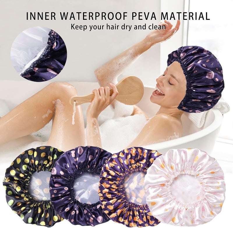 CHFONG 4 PCS Shower Cap for Women, Elastic and Reusable Bath Caps, Double Layers Shower Caps Reusable Waterproof, Bathing Shower Caps, Environmental Bath Hair Protection Cap - Ginkgo Leaf - Image 4