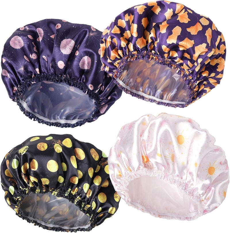 CHFONG 4 PCS Shower Cap for Women, Elastic and Reusable Bath Caps, Double Layers Shower Caps Reusable Waterproof, Bathing Shower Caps, Environmental Bath Hair Protection Cap - Ginkgo Leaf - Image 1