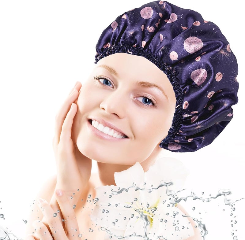 CHFONG 4 PCS Shower Cap for Women, Elastic and Reusable Bath Caps, Double Layers Shower Caps Reusable Waterproof, Bathing Shower Caps, Environmental Bath Hair Protection Cap - Ginkgo Leaf - Image 2