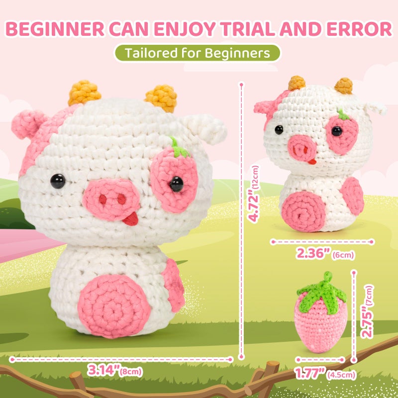 Mewaii Crochet Kit For Beginners  Crochet Animal Kit With Step-By-Step Video Tutorial  Learn To Crochet Starter Kit With 40%+ Tape Yarn  Diy Crochet Gifts For Kids Adults (Strawberry Cow) - Image 5