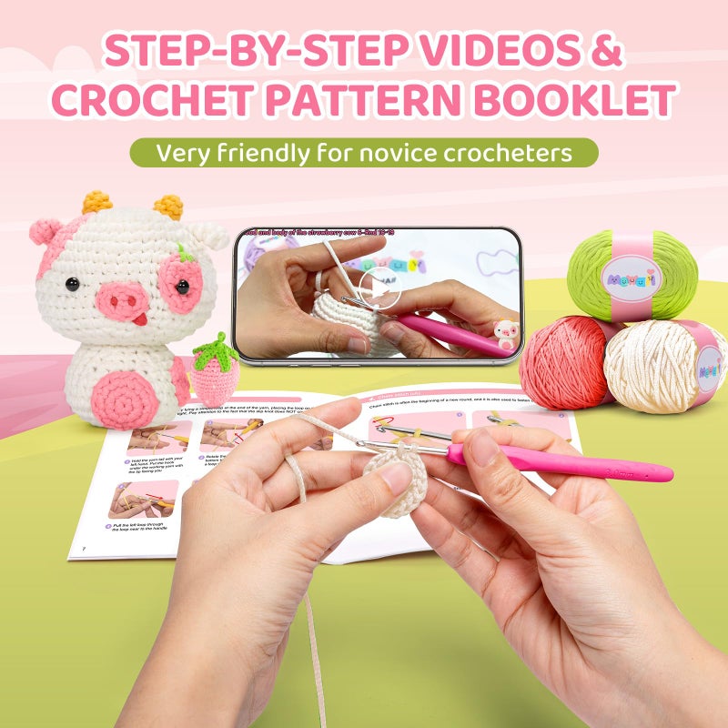 Mewaii Crochet Kit For Beginners  Crochet Animal Kit With Step-By-Step Video Tutorial  Learn To Crochet Starter Kit With 40%+ Tape Yarn  Diy Crochet Gifts For Kids Adults (Strawberry Cow) - Image 4