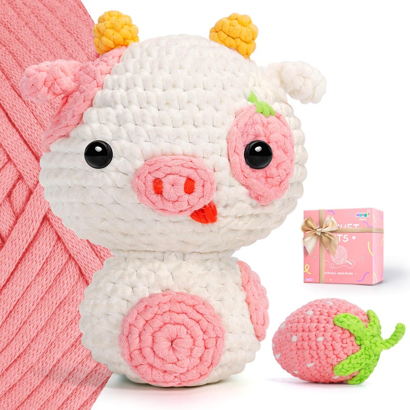 Mewaii Crochet Kit For Beginners  Crochet Animal Kit With Step-By-Step Video Tutorial  Learn To Crochet Starter Kit With 40%+ Tape Yarn  Diy Crochet Gifts For Kids Adults (Strawberry Cow) - Image 1