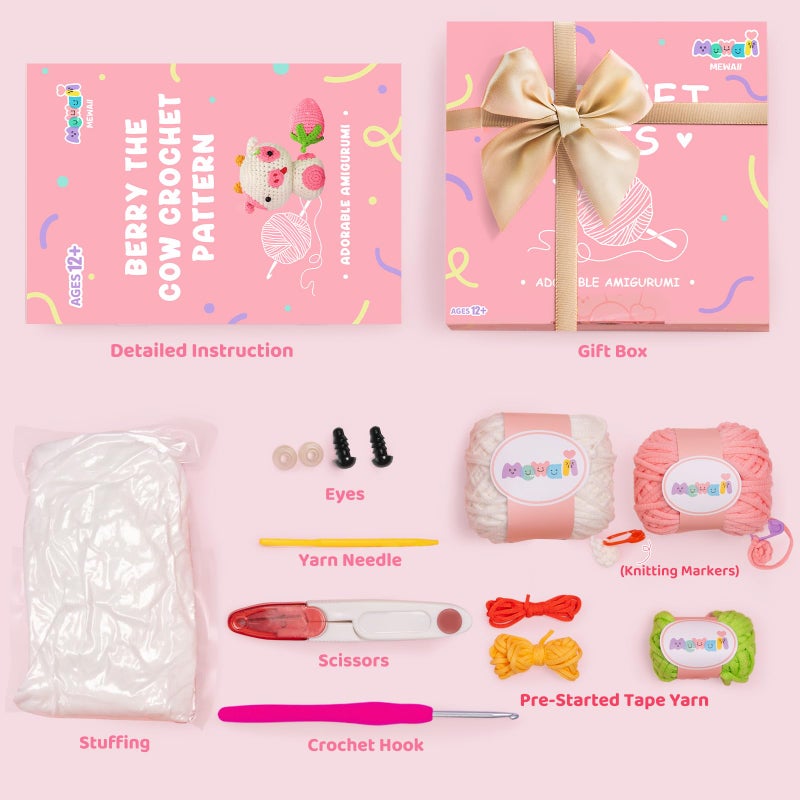Mewaii Crochet Kit For Beginners  Crochet Animal Kit With Step-By-Step Video Tutorial  Learn To Crochet Starter Kit With 40%+ Tape Yarn  Diy Crochet Gifts For Kids Adults (Strawberry Cow) - Image 2