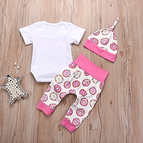 Besokuse 3Pcs/Set Newborn Baby Girls Outfit Auntie Bodysuit Romper with Headband+Donuts Long Pants Clothes Set (Pink, 0-6M) - Image 3
