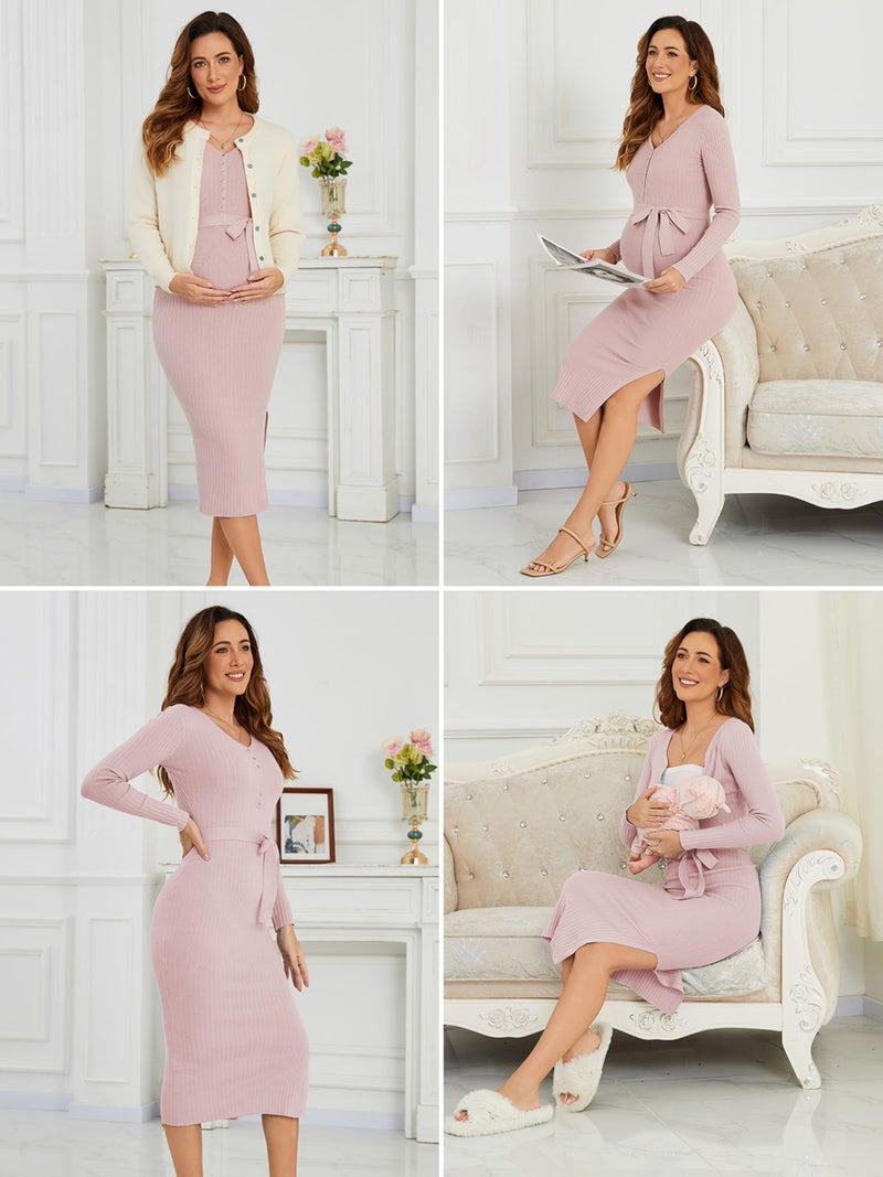 Ecavus Women's Winter Maternity Sweater Dress Long Sleeve V Neck Slim Fit Ribbed Knit Midi Bodycon Dresses with Belt Pink - Image 5
