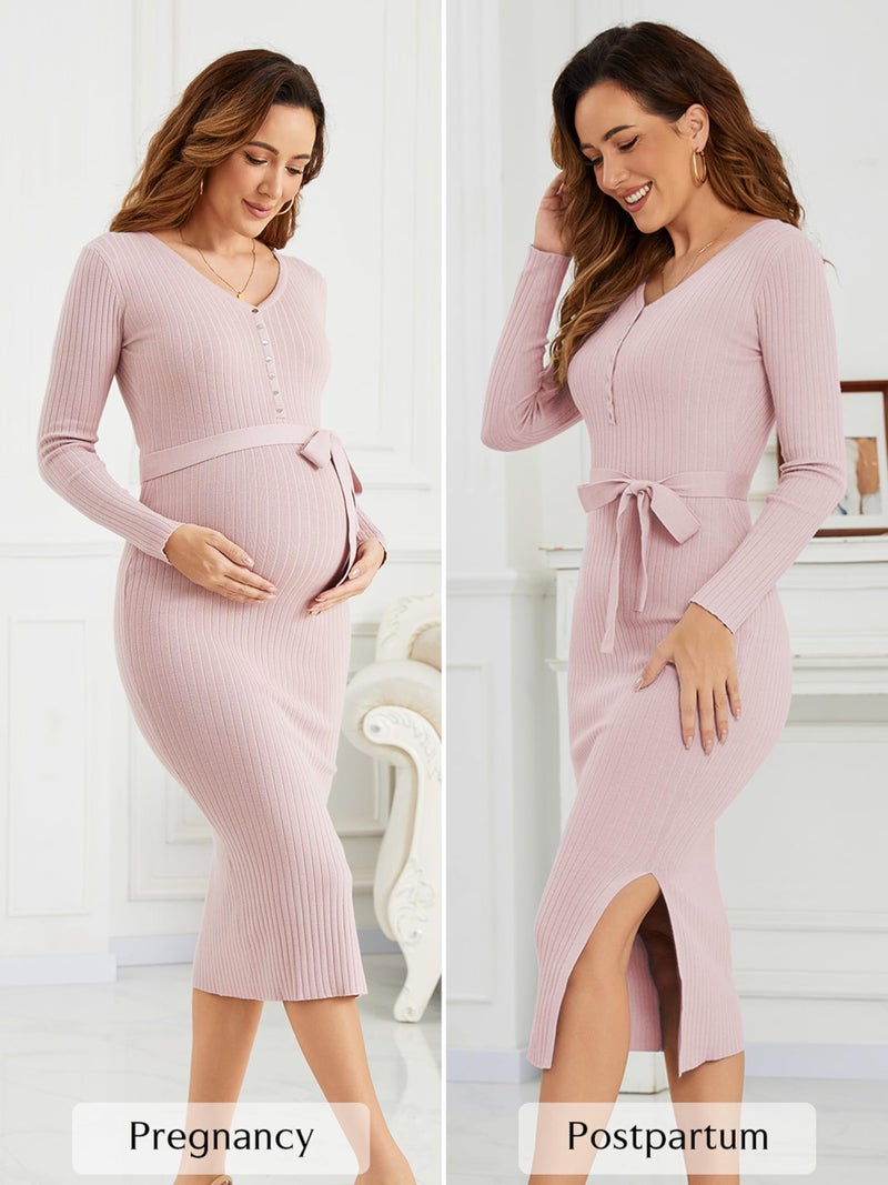 Ecavus Women's Winter Maternity Sweater Dress Long Sleeve V Neck Slim Fit Ribbed Knit Midi Bodycon Dresses with Belt Pink - Image 2