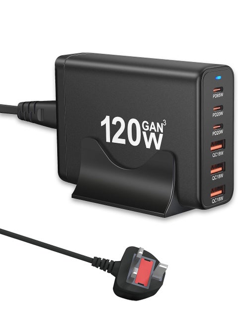 محطة شحن USB C بقوة 120 وات GaN مدمجة بـ 6 منافذ USB C للشحن ، شاحن حائط USB C محمول مع 3 منافذ USB-C + 3 منافذ USB-A ، بواجة 65 وات لـ MacBook Pro/Air ، iPhone 15 14 13 12 ، Galaxy S24 S23 S22