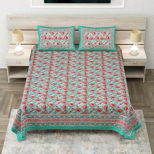 ElanorHomes 240 TC Cotton Double King Size Bedsheet | Ultra-Soft & Skin-Safe | Breathable Summer Comfort | 93x108 inches with 2 Pillow Covers (Turquoise Pink Lotus) - Image 5