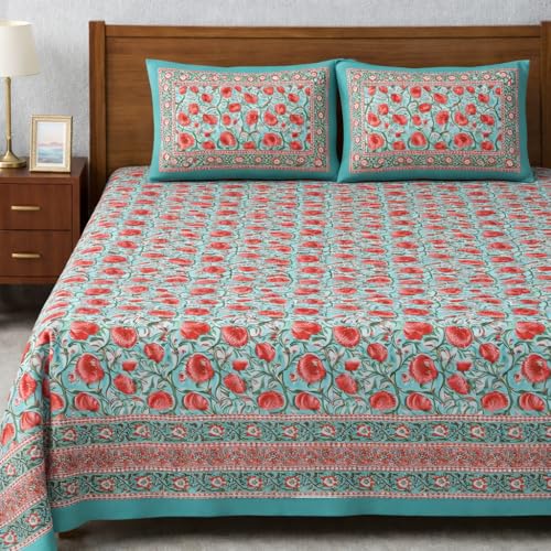 ElanorHomes 240 TC Cotton Double King Size Bedsheet | Ultra-Soft & Skin-Safe | Breathable Summer Comfort | 93x108 inches with 2 Pillow Covers (Turquoise Pink Lotus) - Image 1