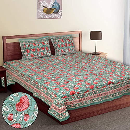 ElanorHomes 240 TC Cotton Double King Size Bedsheet | Ultra-Soft & Skin-Safe | Breathable Summer Comfort | 93x108 inches with 2 Pillow Covers (Turquoise Pink Lotus) - Image 3