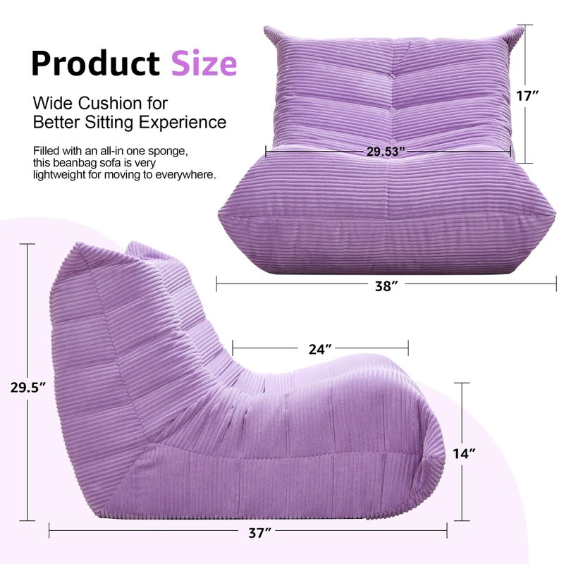 Hobestluk Bean Bag Chairs for Adults Giant Bean Bag Chair Memory Foam BeanBag Chair Bean Bag Sofa with Filler Faux Fur Fireside Beanbags Lazy Sofa for Living Room Bedroom Office (Purple Corduroy, Single) - Image 2