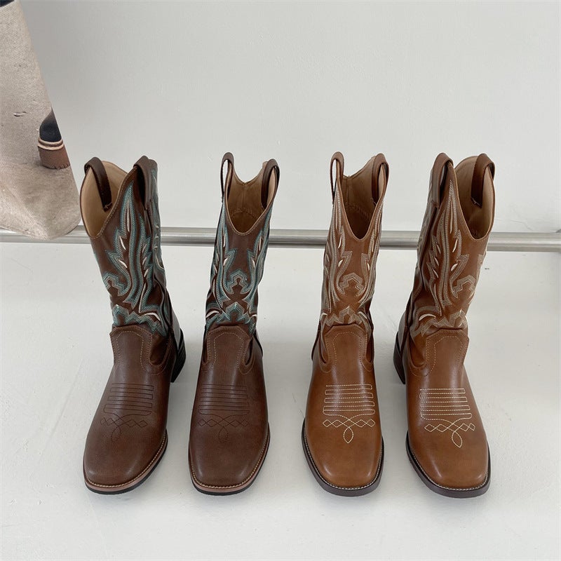 2024 Export Thick Heel Western Cowboy Boots V-Mouth Embroidered Sleeve Knight Boots Mid-Tube Square Toe Retro Style - Image 3