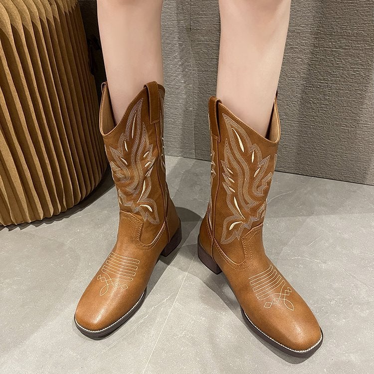 2024 Export Thick Heel Western Cowboy Boots V-Mouth Embroidered Sleeve Knight Boots Mid-Tube Square Toe Retro Style - Image 2