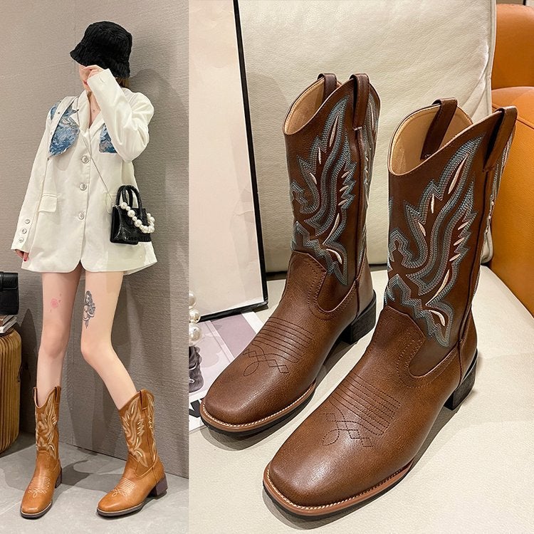 2024 Export Thick Heel Western Cowboy Boots V-Mouth Embroidered Sleeve Knight Boots Mid-Tube Square Toe Retro Style - Image 1