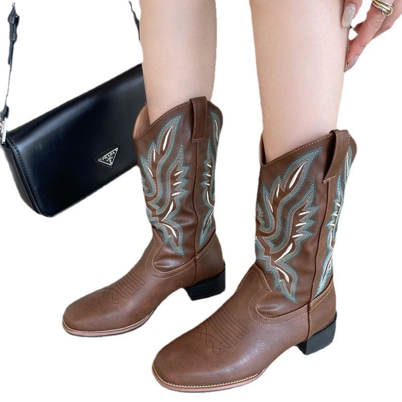 2024 Export Thick Heel Western Cowboy Boots V-Mouth Embroidered Sleeve Knight Boots Mid-Tube Square Toe Retro Style - Image 5