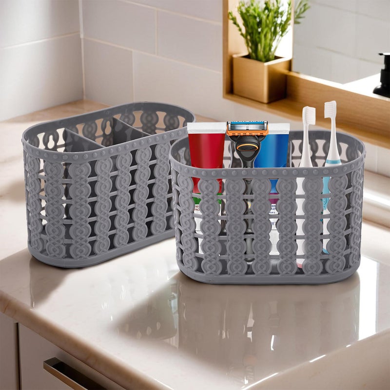 Kuber Industries Pack of 2 Hanging & Wall Mounted 3 Compartment Tooth Brush Organiser & Shaving Kit | Kitchen’s Cutlery Stand | Make-up/Skincare Organizer & Comb Holder for Dressing Table | Grey - Image 1