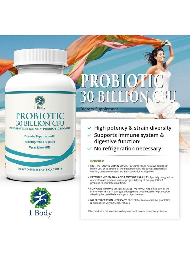 1 Body - 30 Billion Cfu Probiotic Supplement With Prebiotics Patented Acid Resistant Capsules To Promote Gut Health Support Immune System Probiotics For Women And Men Of All Ages 60 Vegetarian Capsules - Image 1