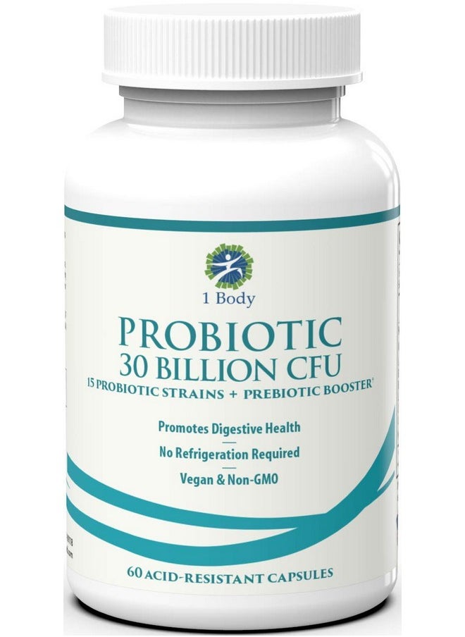 1 Body - 30 Billion Cfu Probiotic Supplement With Prebiotics Patented Acid Resistant Capsules To Promote Gut Health Support Immune System Probiotics For Women And Men Of All Ages 60 Vegetarian Capsules - Image 1