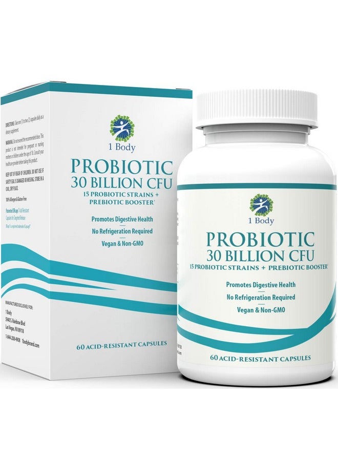 1 Body - 30 Billion Cfu Probiotic Supplement With Prebiotics Patented Acid Resistant Capsules To Promote Gut Health Support Immune System Probiotics For Women And Men Of All Ages 60 Vegetarian Capsules - Image 1