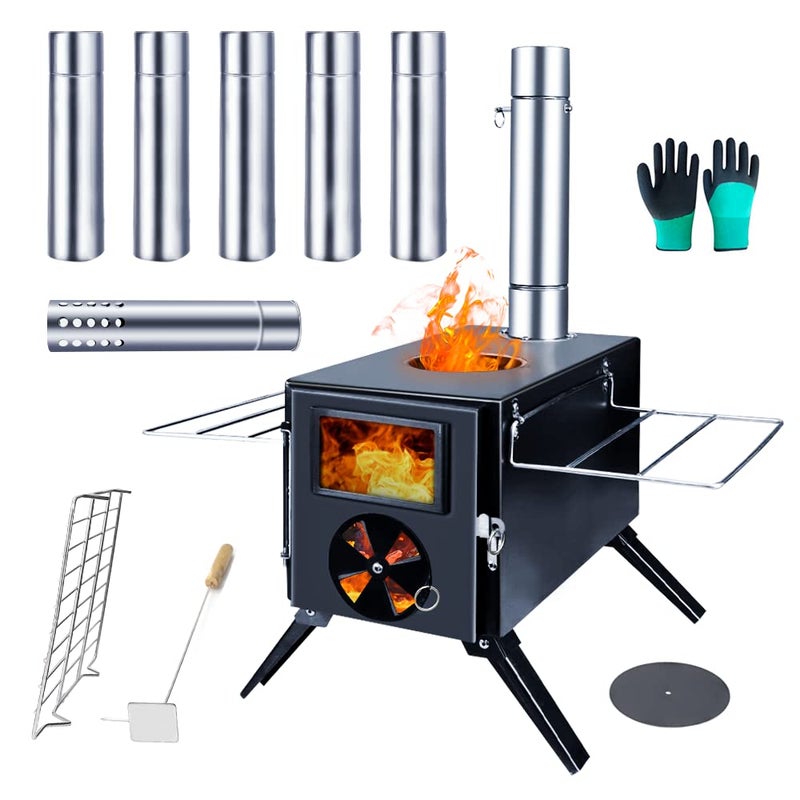Fitinhot Fitinhot Camp Wood Stove Tent Wood Burning Stoves Portable with Chimney Pipes Upgraded Titanium Surface Camping Stove Heat Resistant Glass  Gloves for Outdoor Black 