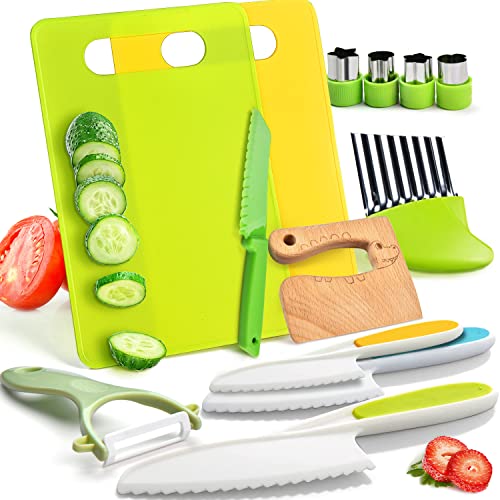 Yeeammk 13 Pieces Montessori Kitchen Toys for ToddlersKids Cooking Sets RealToddler Toys Set for Real Cooking with Plastic Children Safe Knives Crinkle Cutter Kids Cutting Board - Image 1