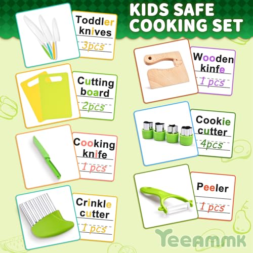 Yeeammk 13 Pieces Montessori Kitchen Toys for ToddlersKids Cooking Sets RealToddler Toys Set for Real Cooking with Plastic Children Safe Knives Crinkle Cutter Kids Cutting Board - Image 5
