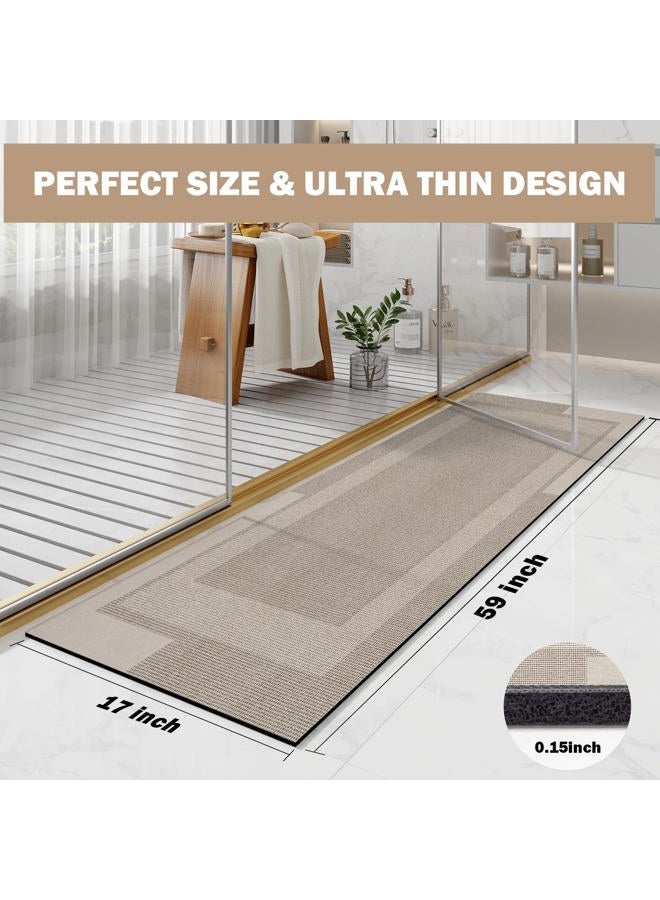 YDKGL Non Slip Long Bathroom Runner Rug Bath Mat, Rubber Backing Ultra Thin Bathroom Rugs Fit Under Door Quick Dry Super Absorbent Washable Shower Mat for Bathtub Sink Floor, Beige 17"x59" - Image 2