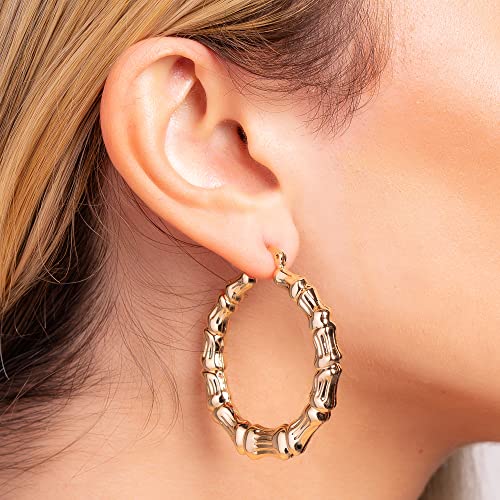 Barzel 18k Gold Plated Bamboo Hoop Earrings for Women, 40MM X 40MM - Made In Brazil - Image 4