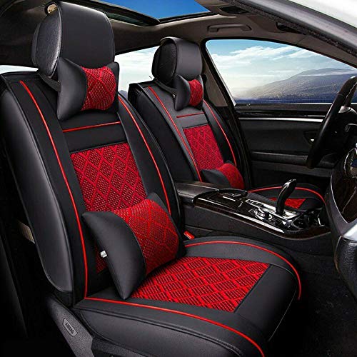 MAGQOO Universal PU Leather Car Seat Cover Full Set w/Pillows 5-Seats SUV Seat Cover Front Rear (Black/Red Mesh) - Image 1