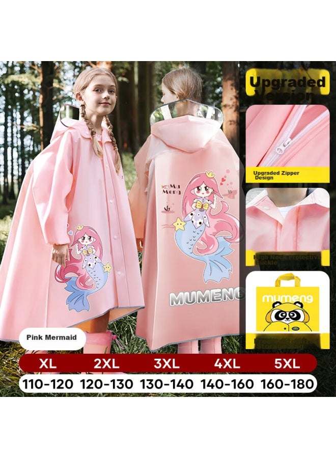 Moremerry Children's Raincoat With Backpack Space For Boys And Girls, Extended Full-body Student Poncho, Pink Mermaid, Zipper Style, XL - Image 1