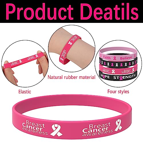Wehhbtye 60 Pcs Breast Cancer Awareness Silicone Wristbands - Unisex Ribbon Breast Cancer Awareness Bracelets in 4 Designs - Hope Faith Strength Courage Inspiring Wristbands for Party Supplies - Image 3