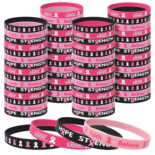 Wehhbtye 60 Pcs Breast Cancer Awareness Silicone Wristbands - Unisex Ribbon Breast Cancer Awareness Bracelets in 4 Designs - Hope Faith Strength Courage Inspiring Wristbands for Party Supplies - Image 1