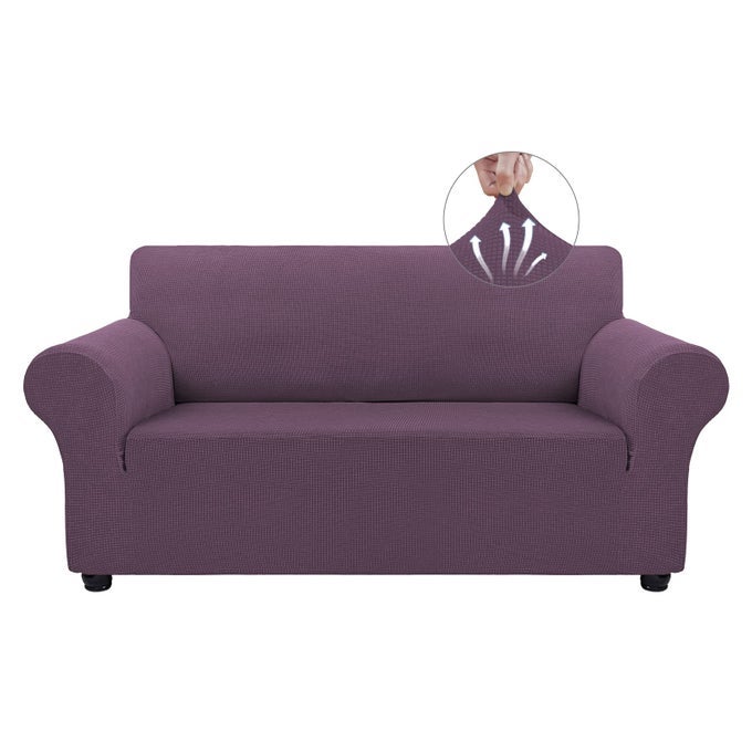 SOFA COVERS FOR 2 CUSHION COUCH STRETCH LOVESEAT COVERS SLIPCOVERS PET PROTECTOR FURNITURE COVERS FOR DOGS CATS SPANDEX JACQUARD FABRIC SMALL CHECKS MEDIUMGRAY PURPLE