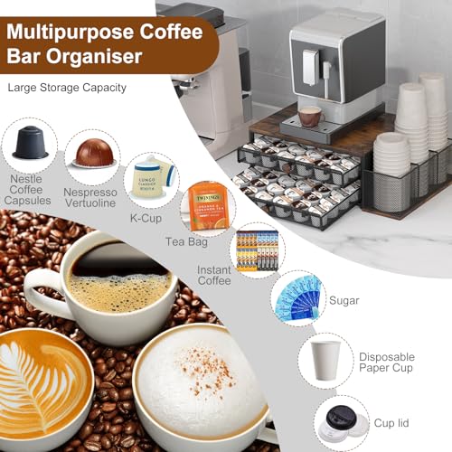 TQVAI K Cup Holder - 60 Capsule Capacity 2 Tier Sliding Pods Storage Drawer with Disposable Cups & Lids Holder, Coffee Bar Station Organizer for Countertop, Black - Image 4