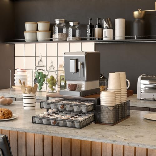 TQVAI K Cup Holder - 60 Capsule Capacity 2 Tier Sliding Pods Storage Drawer with Disposable Cups & Lids Holder, Coffee Bar Station Organizer for Countertop, Black - Image 2