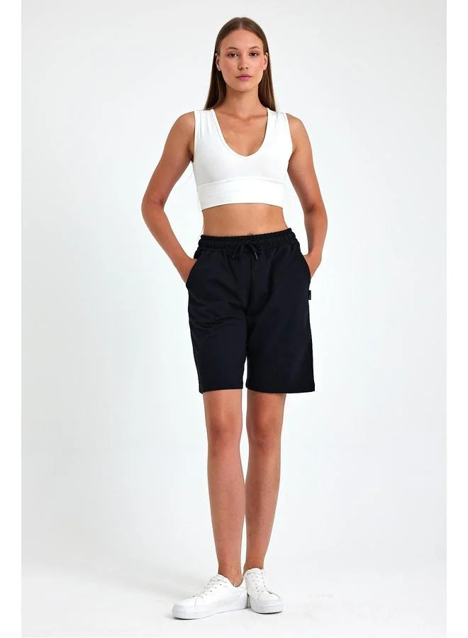 Mmetalic Women's Relaxed-Fit Black Long Bermuda Shorts with Elastic Waist, Soft Seasonal Fabric, and Pockets