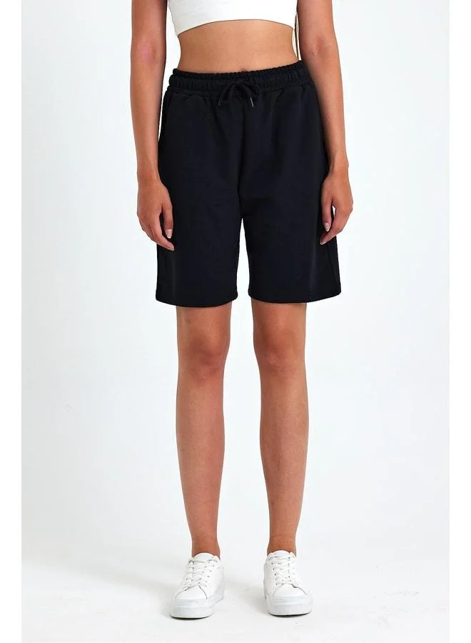 Mmetalic Women's Relaxed-Fit Black Long Bermuda Shorts with Elastic Waist, Soft Seasonal Fabric, and Pockets
