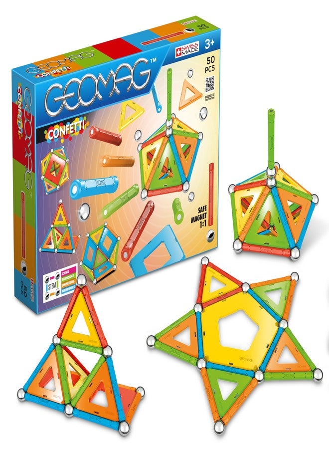 Geomag Magnetic Sticks and Balls Building Set, Magnet Toys for STEM, Creative, Educational Construction Play, Swiss-Made Innovation, Confetti 50 Piece Age 3+, Light Blue, Orange, Green, Red, Yellow - Image 1