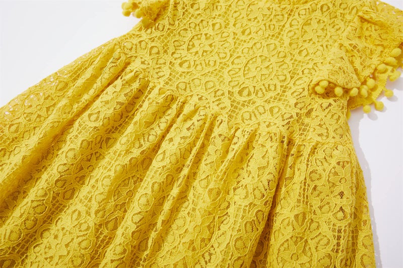 Niyage Toddler Girls Elegant Lace Pom Pom Flutter Sleeve Party Princess Dress Mustard Yellow 110 - Image 5