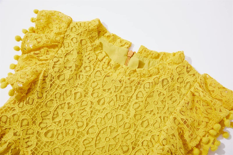 Niyage Toddler Girls Elegant Lace Pom Pom Flutter Sleeve Party Princess Dress Mustard Yellow 110 - Image 3